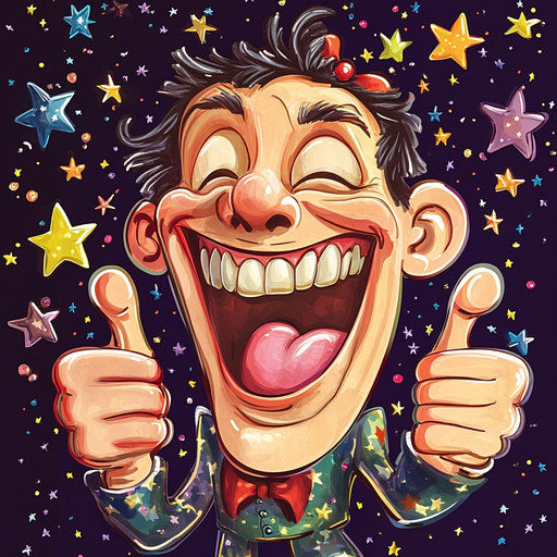 Humorous caricature of a Christmas Eve caricature with human characteristics, exaggerated full lips, thin arms, surrounded by stars, vibrant colors, cartoon style, thumbs up, high resolution, no background, isolated