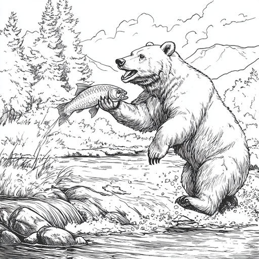 Bear catching fish in a river, Mark Schultz style