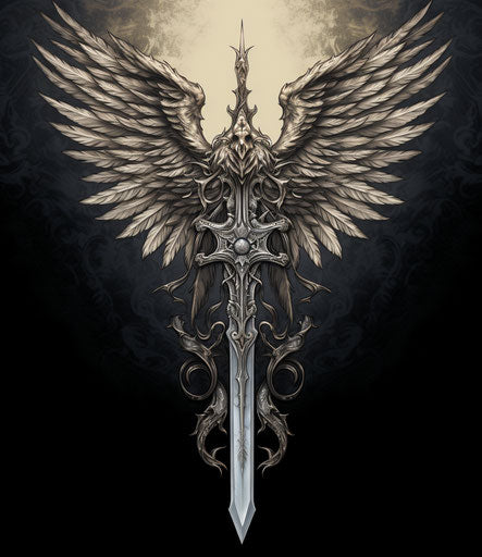 Winged sword in old style illustration, Emek Golan style