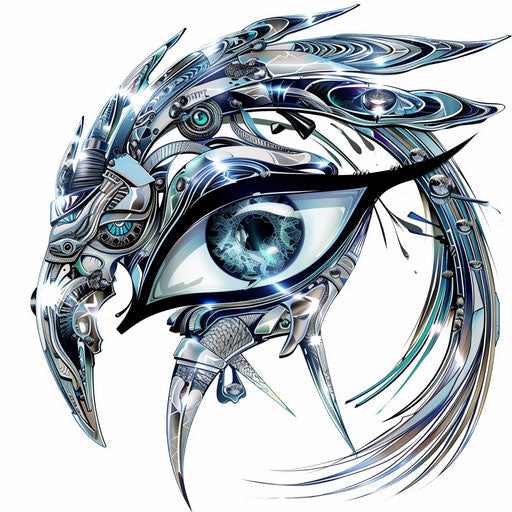 Futuristic Eye of Horus tattoo design with metallic effects and cybernetic elements on white background for sci-fi look