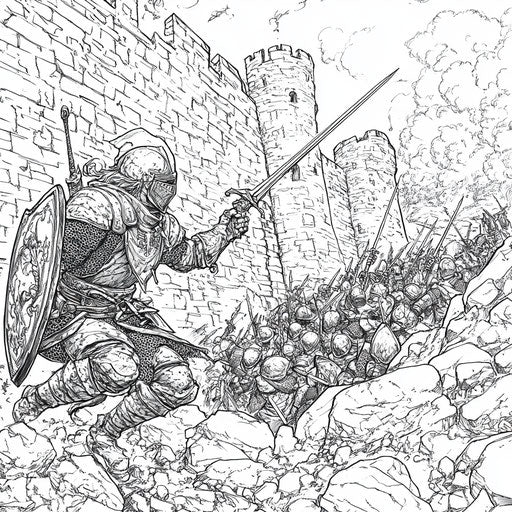 Heroic knight defending a village from invaders, intense action