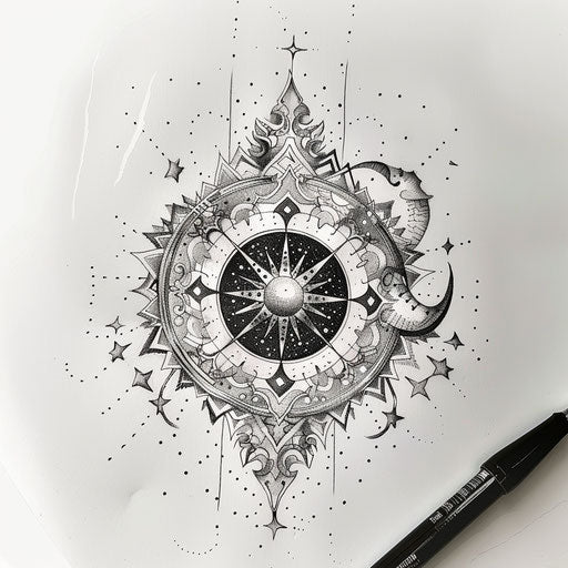 Tattoo sketch of a mystical mandala with stars and moons