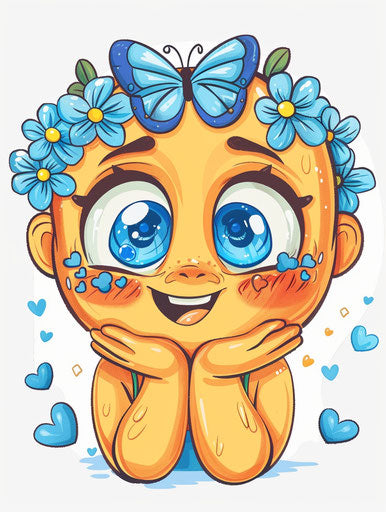 Emoticon tears of joy, big eyes, blue butterfly