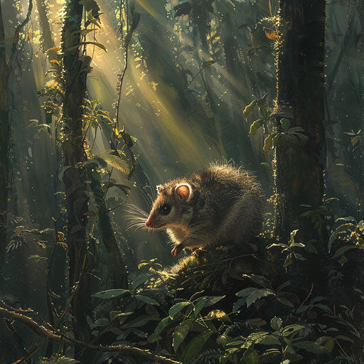Possum exploring a dense forest with rays of sunlight