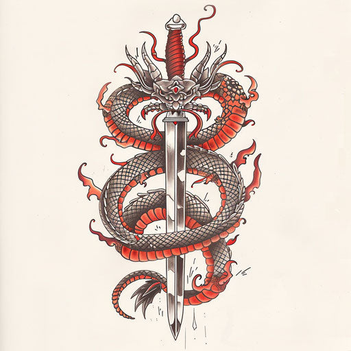 Heroic flat tattoo sketch of a serpent and sword