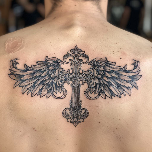 Ornate strength cross tattoo with angel wings
