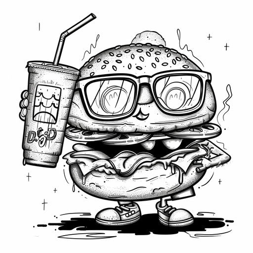 Playful burger with sunglasses and soda coloring page