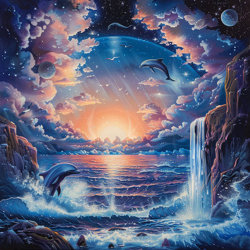 Surreal landscape of ocean and sky, dolphins traversing