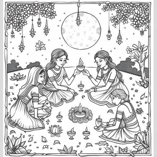 Playful scene of friends lighting Diyas together