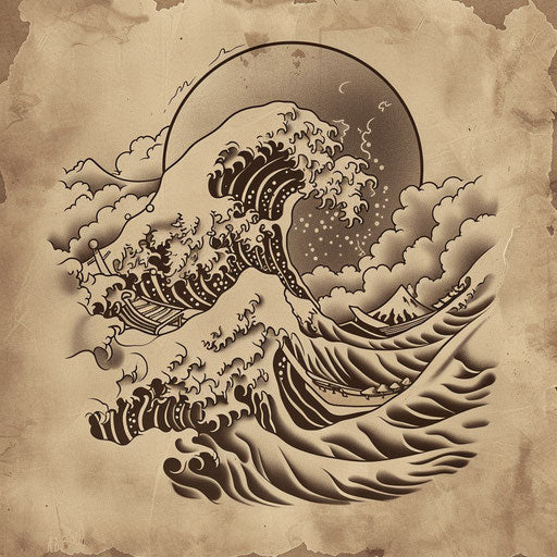 Clipart style sketch of a vintage Japanese wave tattoo