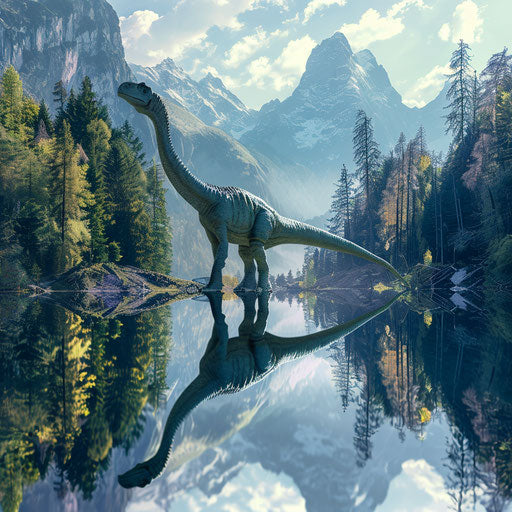 Diplodocus at edge of crystal-clear lake