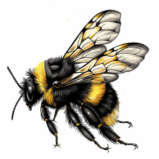 Detailed bumble bee tattoo design, vibrant yellow and black colors on pure white background