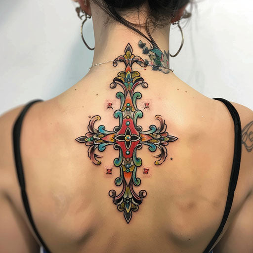 Illuminated manuscript style strength cross tattoo