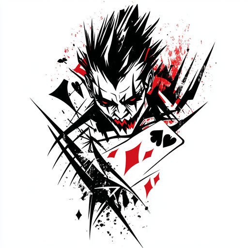 Flat style sketch of joker card tattoo with angular black patterns