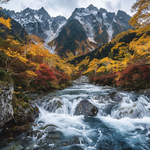 The Japanese Alps with a river flowing in the foreground, in the style of Chris Burkard