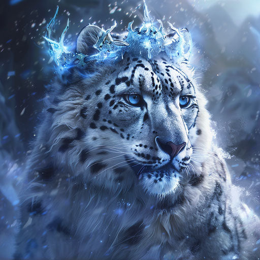 Snow leopard with crown of ice and snow