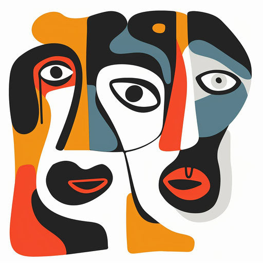 Bold, cubist inspired clipart style flat tattoo sketch of abstract faces