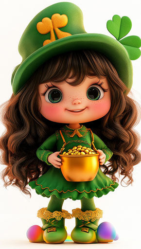 St. Patrick's Day, cute doll girl with pot of gold and rainbow