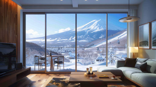 Interior view of a luxury apartment overlooking a ski resort in Niseko