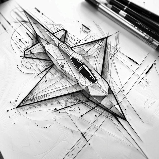 Whimsical tattoo sketch of a paper airplane with cartoonish features