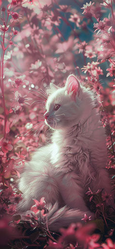 White kitten sitting among flowers, colorful ink wash style