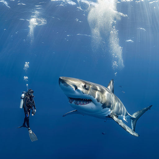 Giant great white shark with a diver nearby