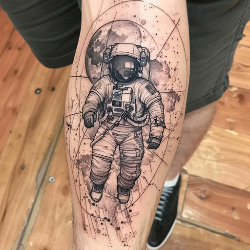 Flat tattoo sketch of an astronaut with Earth's atmosphere