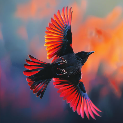 Black bird with red wings in flight with a colorful sunset, in the style of Tim Flach