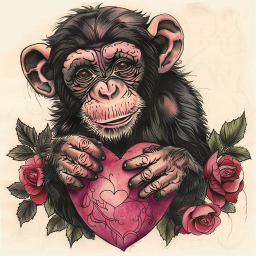 Monkey holding heart, romantic and cute tattoo design