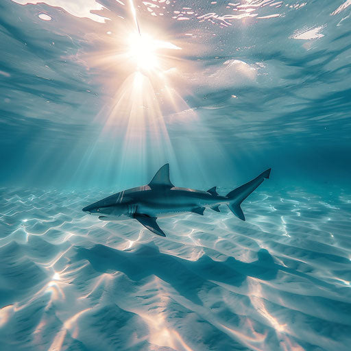 Bull shark swimming in clear waters under sunlight rays
