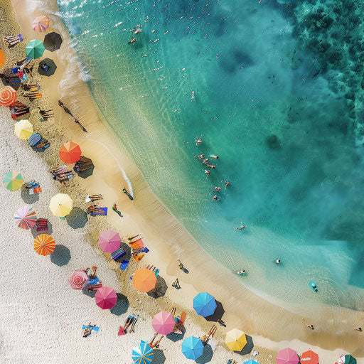 Beach scene at Pandawa Beach, Indonesia with colorful umbrellas and crystal-clear water, in the style of Gray Malin