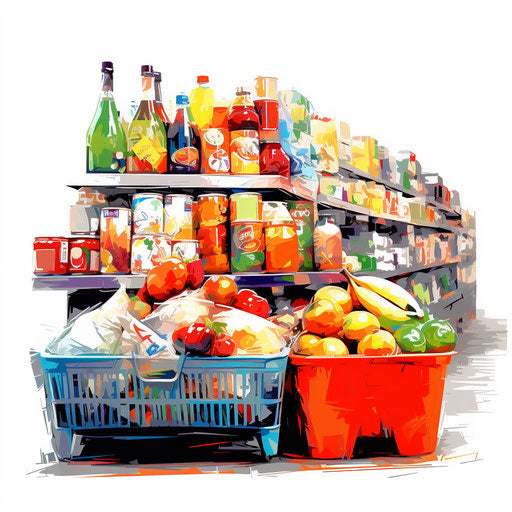 Grocery clipart in the style of Impressionistic Art, on a white background