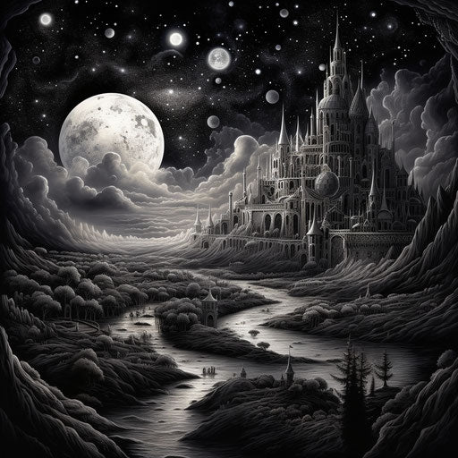 A mysterious city in a colorful landscape, intricate black and white illustrations, cosmic themes