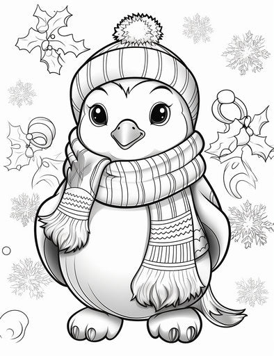 Adorable penguin with scarf on Christmas coloring pages