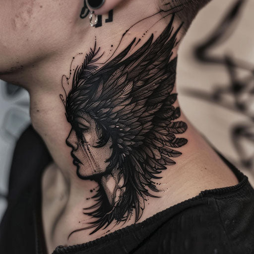 Dark angel side neck tattoos, in the style of Gerald Brom