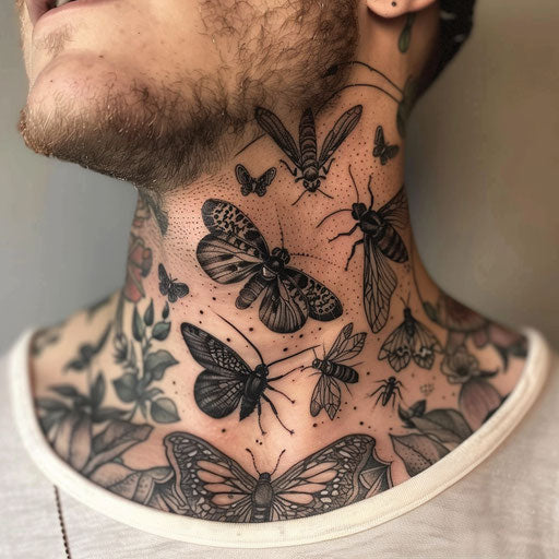 Men's neck tattoo with detailed insect designs