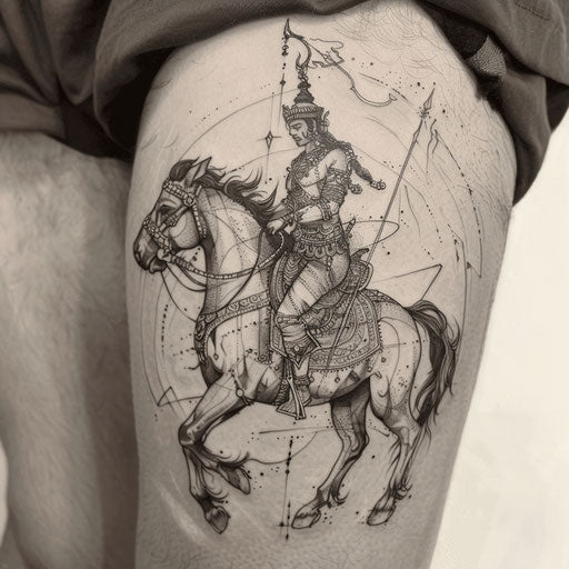 Dynamic sketch for a Sak Yant tattoo with warrior on horse