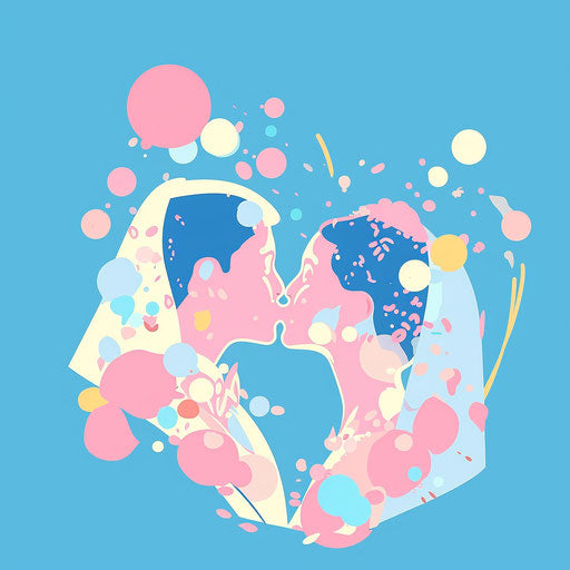 Smiling bride kissing wedding on blue background