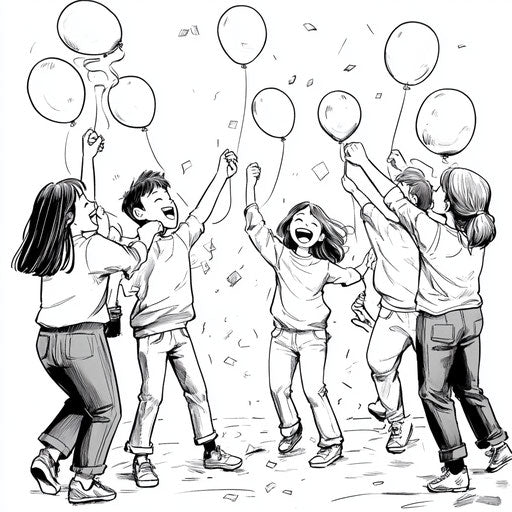 Friends dancing at a party with balloons, Mamoru Hosoda style