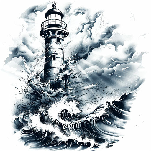 Navy tattoo with lighthouse illuminating stormy waves