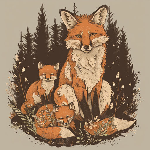 Family of foxes in a mystical and earthy forest