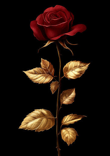 Red rose with golden leaves, fantasy art style, dark background