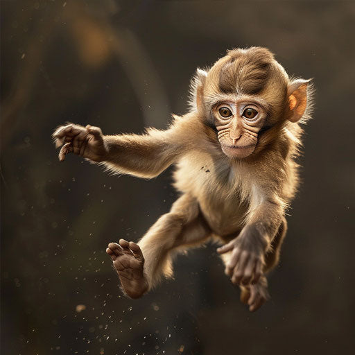 Rhesus monkey captured in mid-action with a playful demeanor