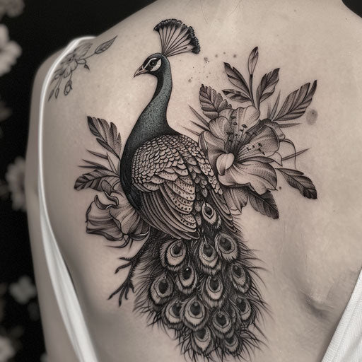 Gothic style peacock tattoo with dark themes and details