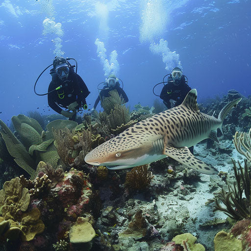 Leopard shark swims by amazed divers near coral reef