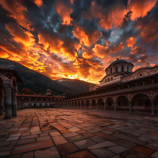Rila Monastery under a dramatic sunset