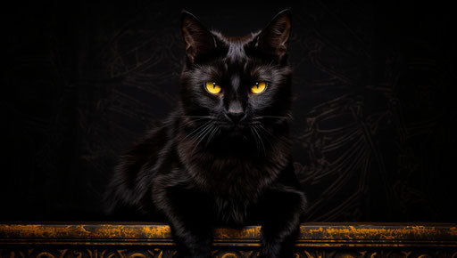 Elderly black cat with yellow eyes in front of black background, gothic-influenced, booru, bold colorism 37:21