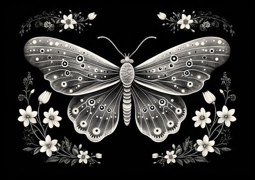 Moon moth on white, intricate dotwork style, graphic illustration 38:27