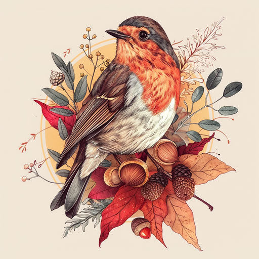 Nature-inspired flat tattoo sketch of a robin amidst autumn leaves and acorns
