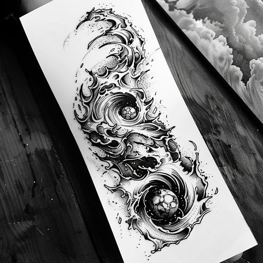 Dynamic flat tattoo sketch of a swirling storm system